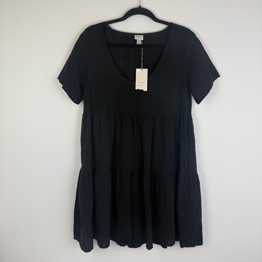 NWT A New Day Womens Scoop Neck Textured 100% Cotton Relaxed Black Dress Medium